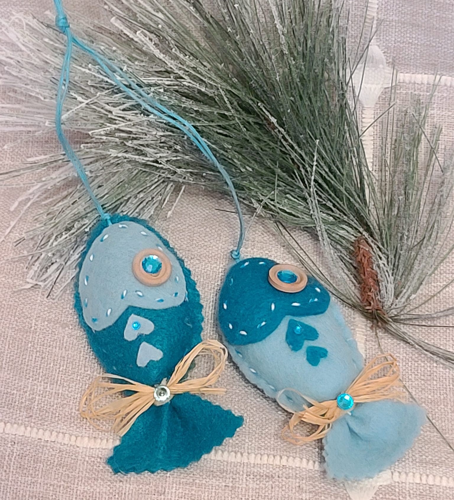 Felt two tone blue fish on jute cording ornament